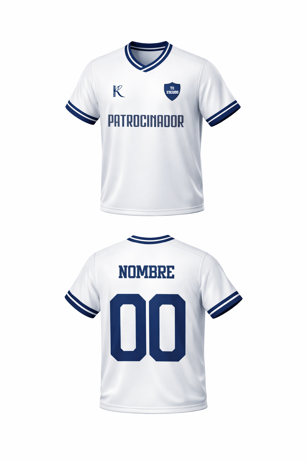 Camiseta de fútbol Kamari blanca y azul, ejemplo de personalización